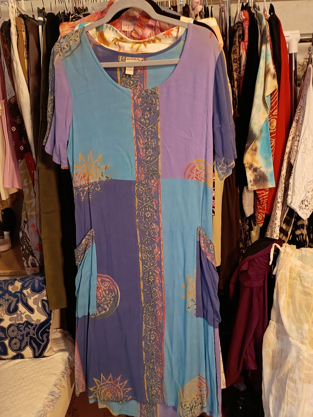 Boho Colorblock Sun Print Tunic Dress - Blue & Purple